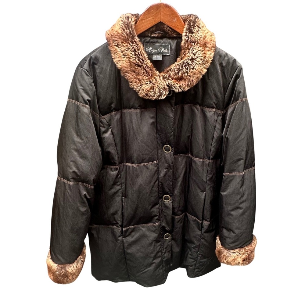Regent Park Black Down Puffer Jacket Faux Fur Collar Cuffs Women's Large Retro